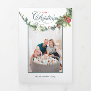 Elegant Merry Christmas Calligraphy Floral Foto Dreifach Gefaltete Karte