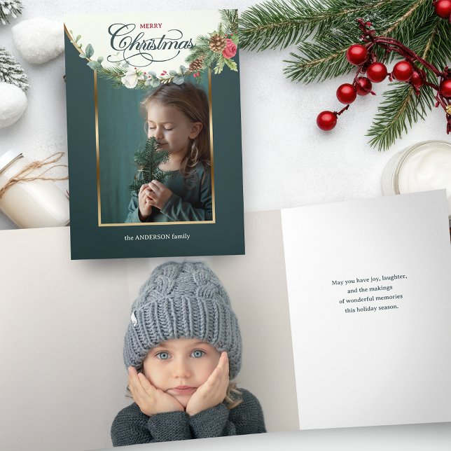 Elegant Merry Christmas Calligraphy Floral Foto Dreifach Gefaltete Karte (Von Creator hochgeladen)