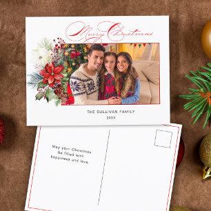 Elegant Merry Christmas Calligraphy Floral Foto Feiertagspostkarte