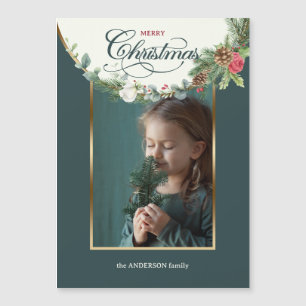 Elegant Merry Christmas Calligraphy Floral Foto Magnetkarte