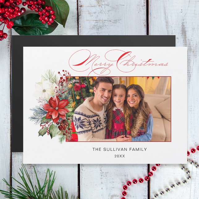 Elegant Merry Christmas Calligraphy Floral Foto Magnetkarte (Von Creator hochgeladen)