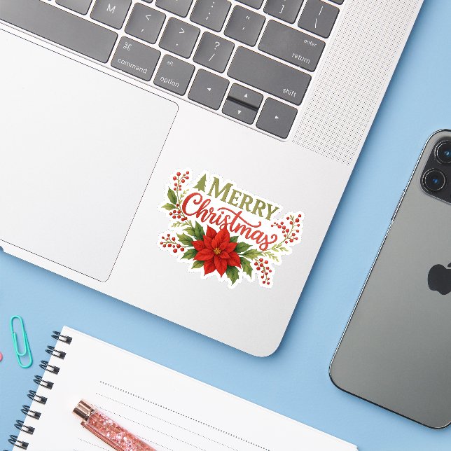 Elegant Merry Christmas Floral Sticker (Laptop mit iPhone)