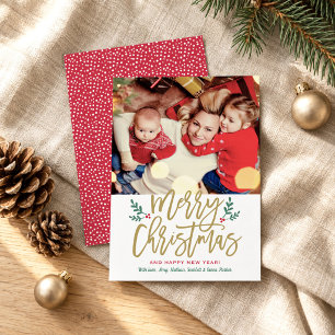 Elegant Merry Christmas Gold Brushed Script Photo Feiertagskarte