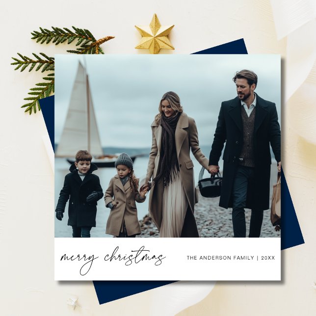 Elegant Merry Christmas Nautical Family Foto Blue Feiertagskarte (Von Creator hochgeladen)