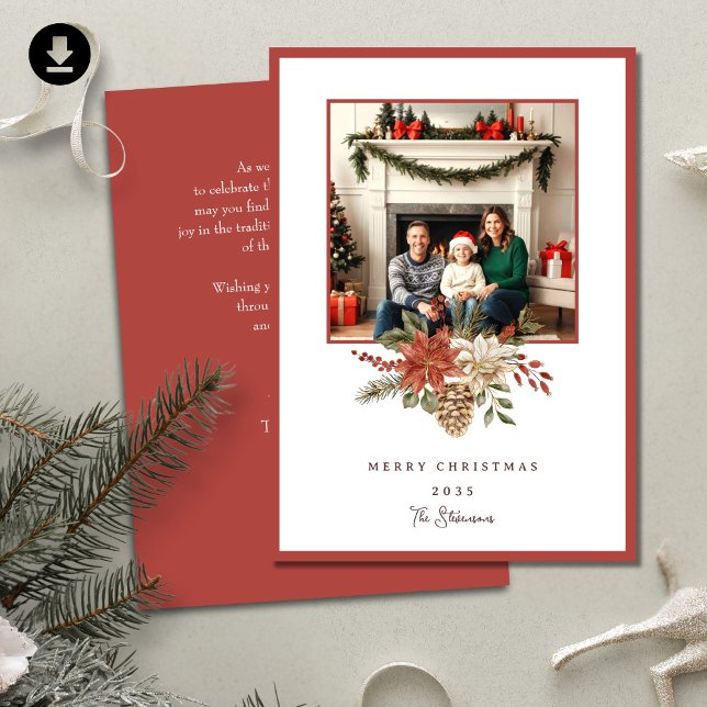 Elegant Merry Christmas Poinsettia Foto Feiertagskarte (Von Creator hochgeladen)