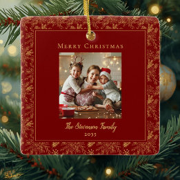 Elegant Merry Christmas Red Faux Gold Photo Keramikornament