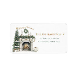 Elegant Merry Christmas Sticker with Fireplace Adressaufkleber