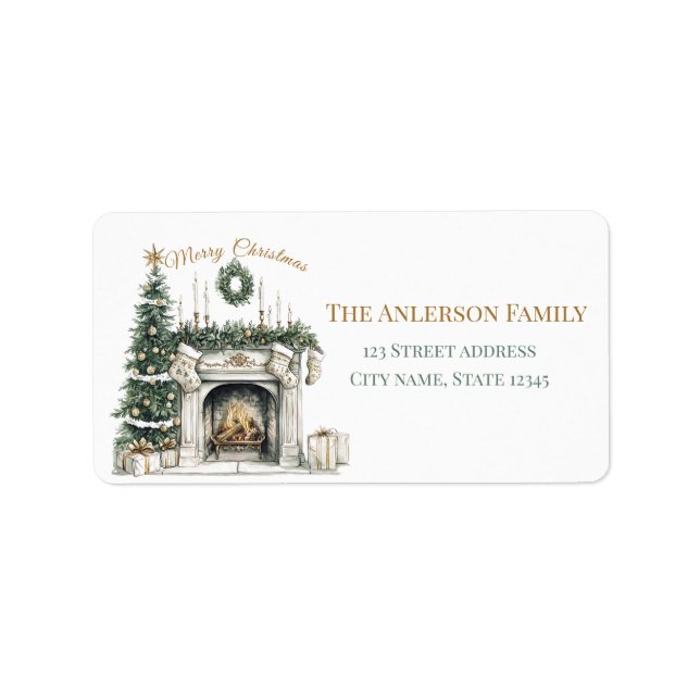 Elegant Merry Christmas Sticker with Fireplace Adressaufkleber (Vorne)
