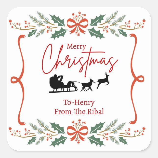 Elegant Merry Christmas Sticker with Santa Sleigh  (Vorderseite)