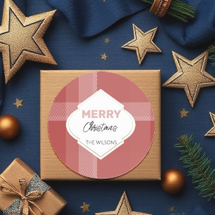 Elegant Merry Christmas Tartan Burgundy Runder Aufkleber