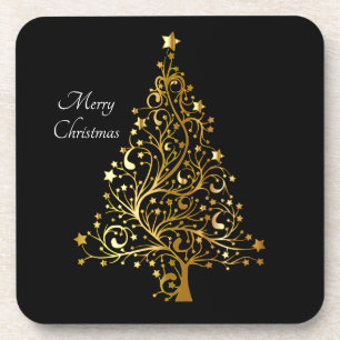 Elegant Merry Christmas Tree Art Gold Black Stars  Getränkeuntersetzer