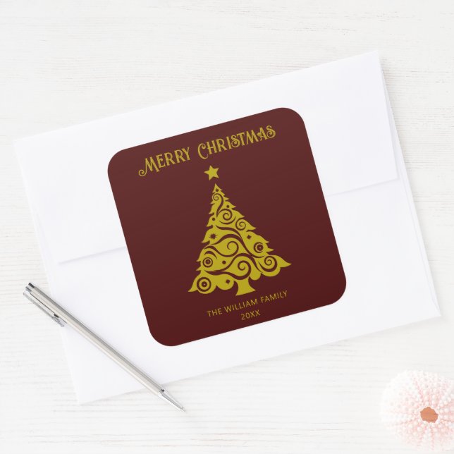 Elegant Merry Christmas Tree Stickers Maroon Red (Umschlag)