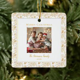 Elegant Merry Christmas White Faux Gold Photo Keramikornament