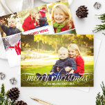 Elegant Merry Christmas White Script Foto Collage Feiertagskarte<br><div class="desc">Einfach elegante Urlaubskarte mit Multi-Foto-Grußkarte bietet "Frohe Weihnachten" in einem schönen Drehbuch mit Scrolldetails in weiß und modernes Foto Collage Template mit sechs (6) zusätzlichen Fotos auf der Rückseite.</div>