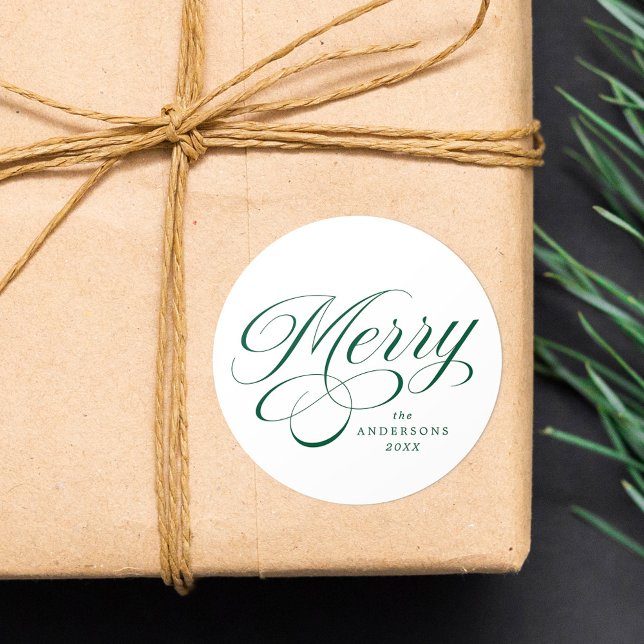 Elegant Merry Green Calligraphy Script Holiday Runder Aufkleber (Von Creator hochgeladen)