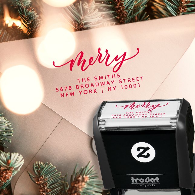 Elegant Merry Script Red Christmas Return Address Permastempel (Von Creator hochgeladen)