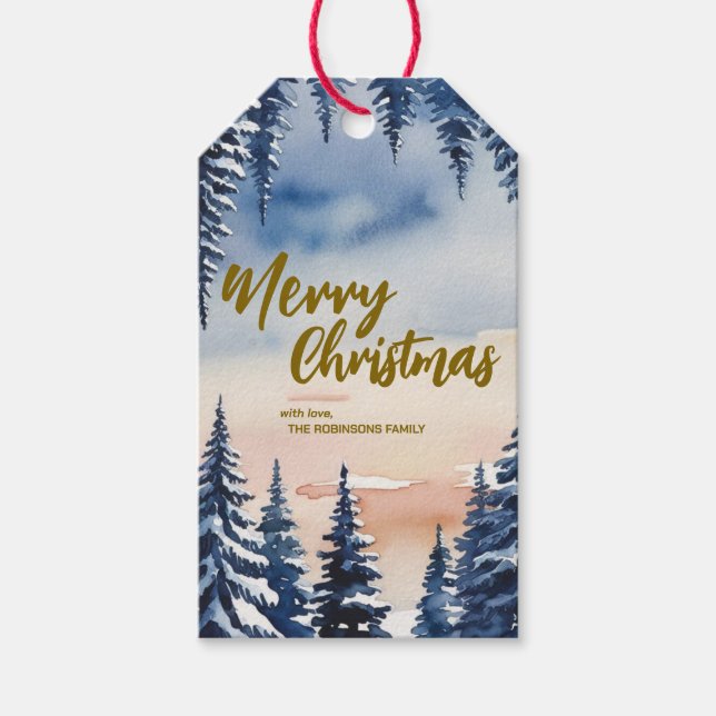 Elegant Merry xmas tree forest Gold Skript Holiday Geschenkanhänger (Vorderseite)