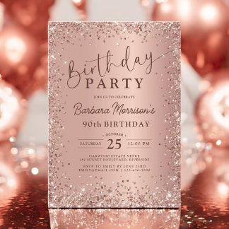 Elegant Metal Rose Gold Glitzer 90. Geburtstag Chi Einladung