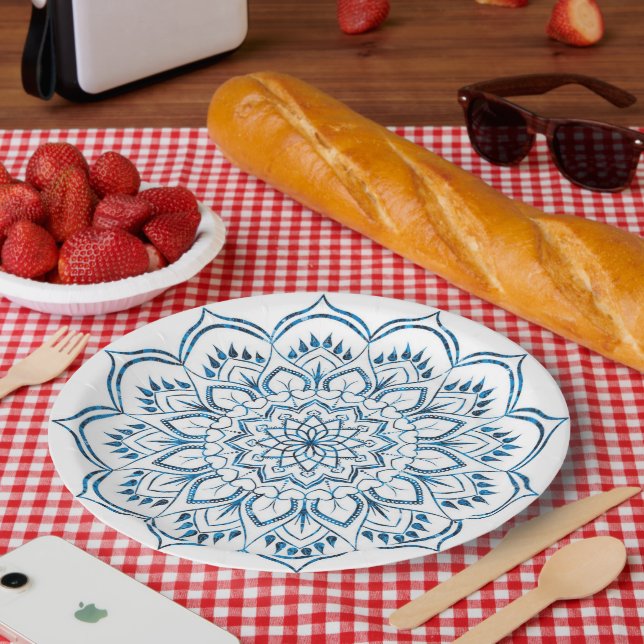 Elegant Metallic Blue Mandala Dekorative Pappteller (Picknick)