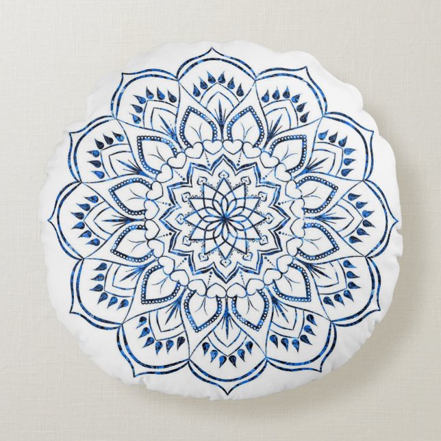 Elegant Metallic Blue Mandala Dekorative Rundes Kissen (Vorderseite)
