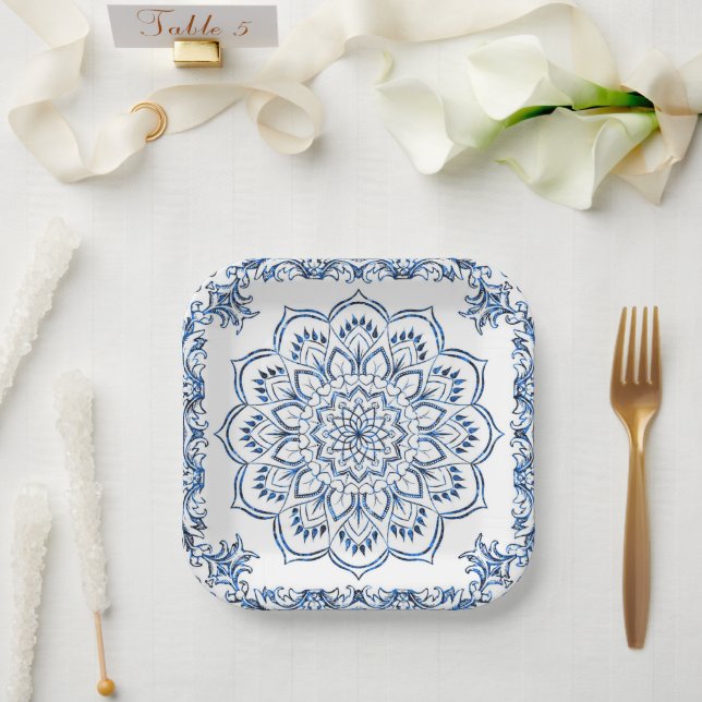 Elegant Metallic Blue Mandala Pappteller (Hochzeit)