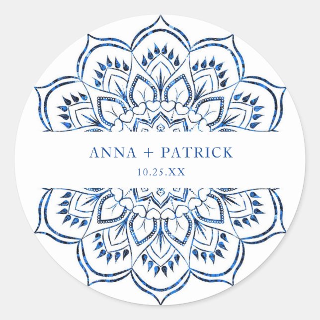 Elegant Metallic Blue Mandala Personalisiert Runder Aufkleber (Vorderseite)