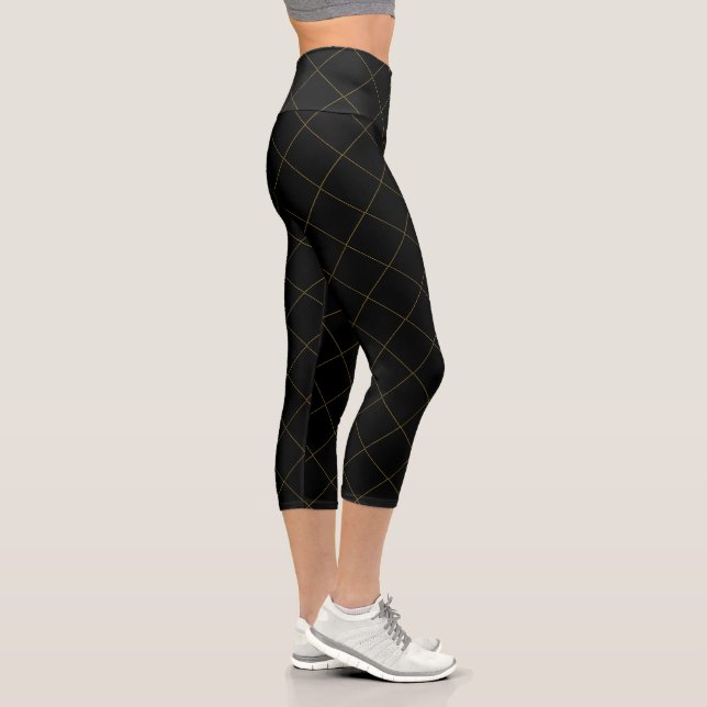 Elegant Metallic Gold Box Stripe Black Capri Leggings (Rechts)