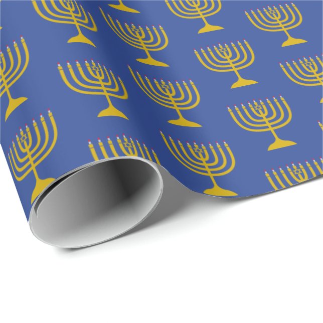 Elegant Mid Blue | Hanukkah | MENORAH Geschenkpapier (Rolleneckpunkt)