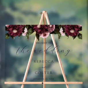 Elegant Midnight Blue Burgundy Floral Wedding Acrylschild