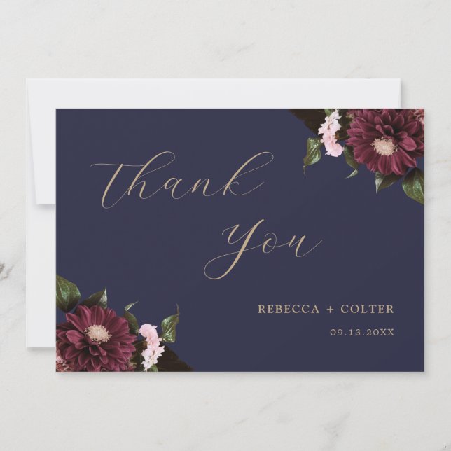Elegant Midnight Blue Burgundy Floral Wedding Dankeskarte (Vorderseite)