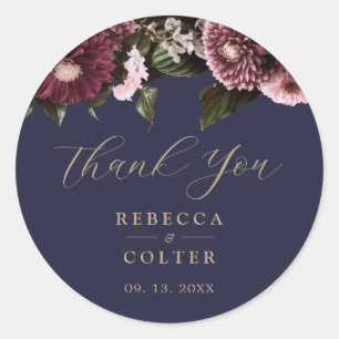 Elegant Midnight Blue Burgundy Floral Wedding Runder Aufkleber