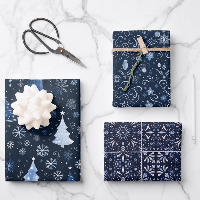 Elegant Midnight Blue Christmas Images Geschenkpapier Set (Vorderseite)