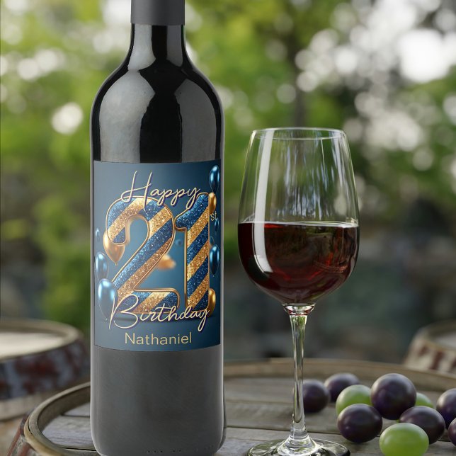 Elegant Midnight Blue & Gold gestreift am 21. Gebu Weinetikett (Von Creator hochgeladen)