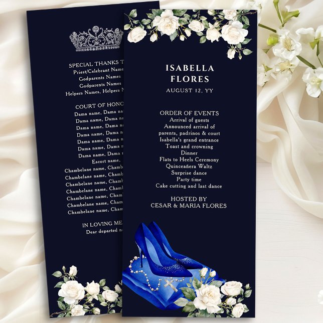 Elegant Midnight Blue Quinceanera Tiara und Rose Programm (Mis Quince Program from the Princess Dress and Roses Quinceanera collection by Darling & May)