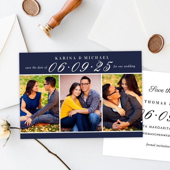 Elegant Midnight Blue Wedding Foto Collage Save The Date (Von Creator hochgeladen)