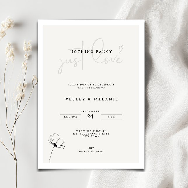 Elegant Mimimal Flower Nothing Fancy Wedding Einladung (Nothing fancy just love minimalist wedding invitation with line art flower)