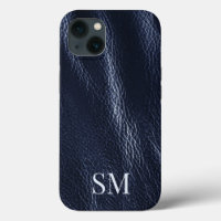 Elegant Minimal Blue Leather Monogram Initials