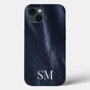 Elegant Minimal Blue Leather Monogram Initials Case-Mate iPhone Hülle