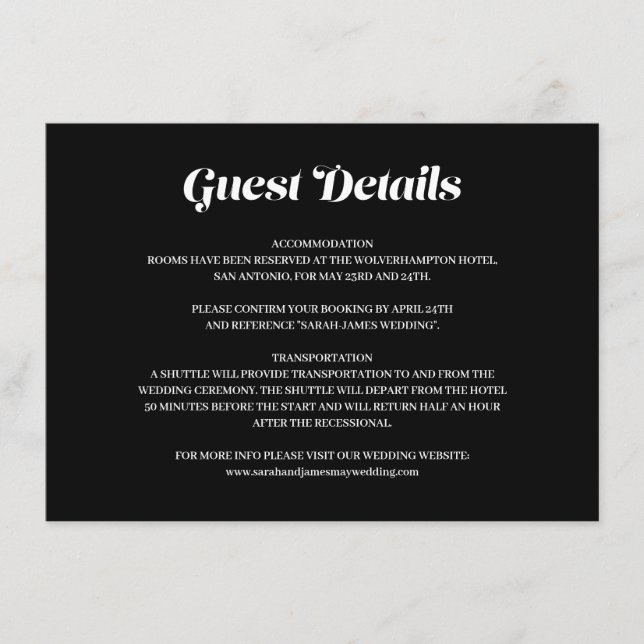 Elegant Minimal Bold Black Wedding Guest Details Begleitkarte (Vorderseite)