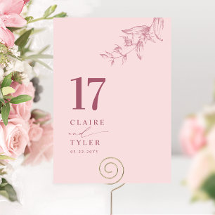 Elegant Minimal Botanisch Rosa, Burgunder Hochzeit Tischnummer