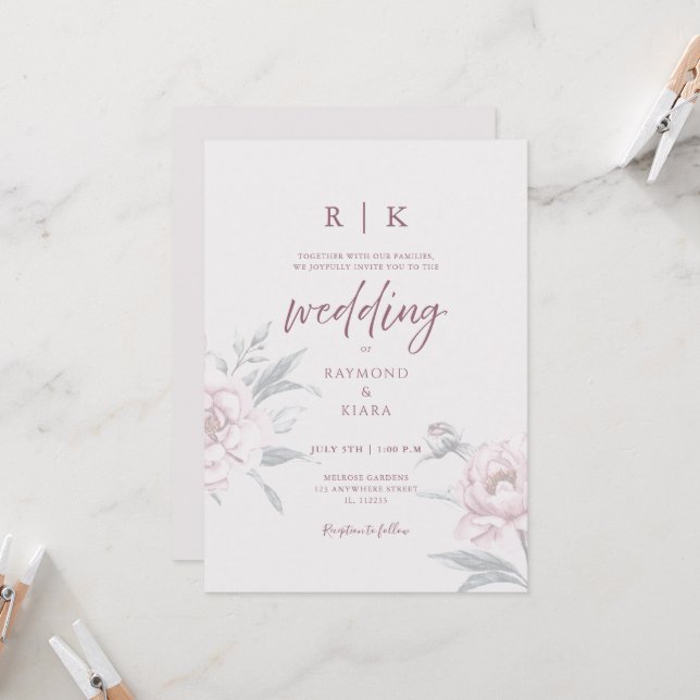 Elegant Minimal Dusky Pink Peony Floral Wedding  Einladung (Vorderseite/Rückseite Beispiel)