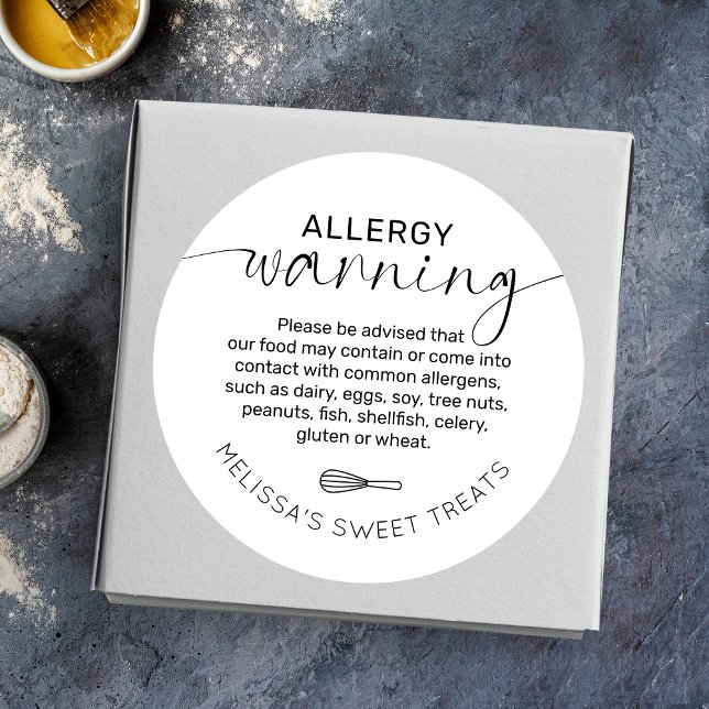Elegant Minimal Food Safety Allergy Warning Bakery Runder Aufkleber (Minimalist allergy alert bakery stickers with space for your business name)