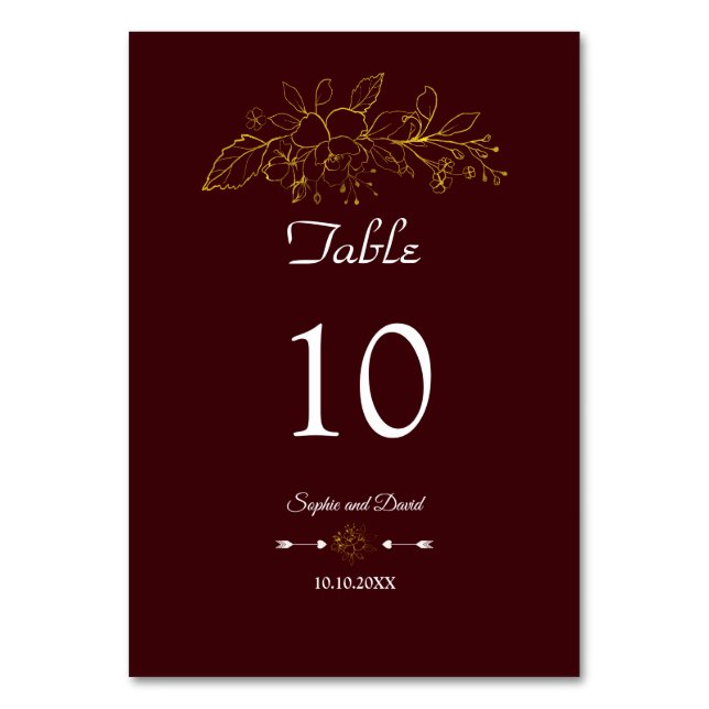 Elegant Minimal Gold Floral Deep Burgundy Wedding Tischnummer (Vorderseite)