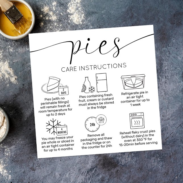 Elegant Minimal Logo Baked Pies Care Instructions Quadratische Visitenkarte (Pie care instructions cards with icons, elegant fonts and space for your brand details)