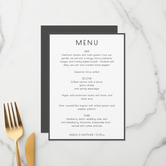 Elegant Minimal Modern White Simple Wedding Dinner Menükarte (Vorderseite/Rückseite Beispiel)