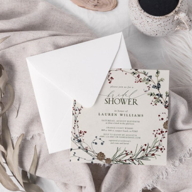 Elegant Minimal Watercolor Berry Wreath Einladung (Join us in a winter wonderland of botanical bliss to shower the bride-to-be.)