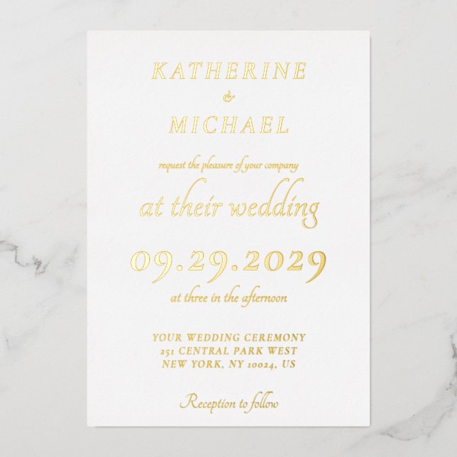 Elegant Minimal White Wedding Gold Folieneinladung (Vorderseite)