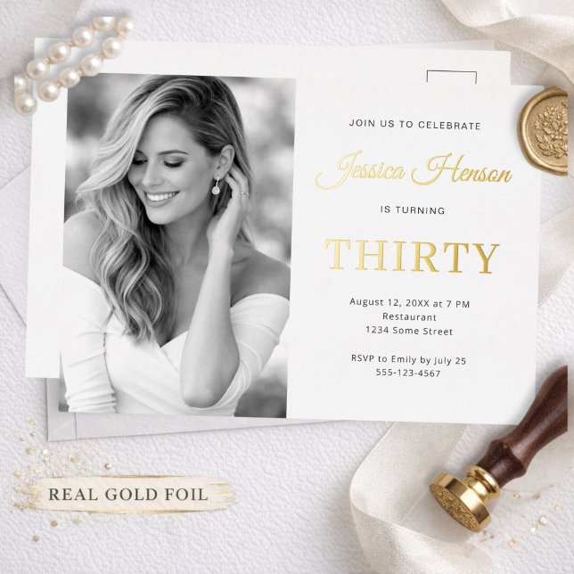 Elegant Minimalist 30th Birthday Photo Party Gold Folieneinladung (Von Creator hochgeladen)