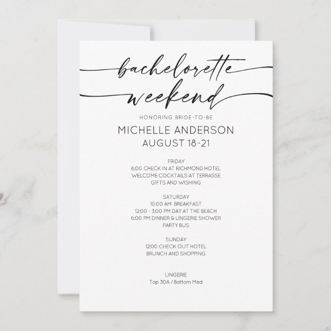 Elegant Minimalist Bachelorette Weekend Itinerary Einladung (Vorderseite)