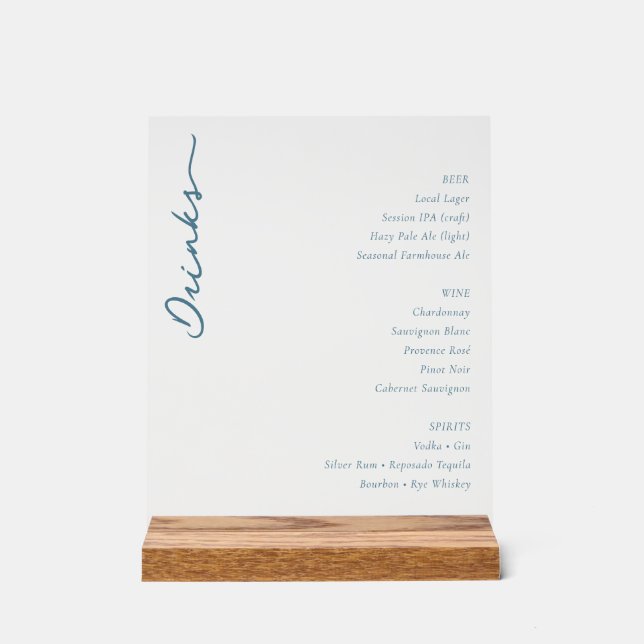 Elegant Minimalist Beverage Guide Blue Serif Acrylschild (Vorderseite)